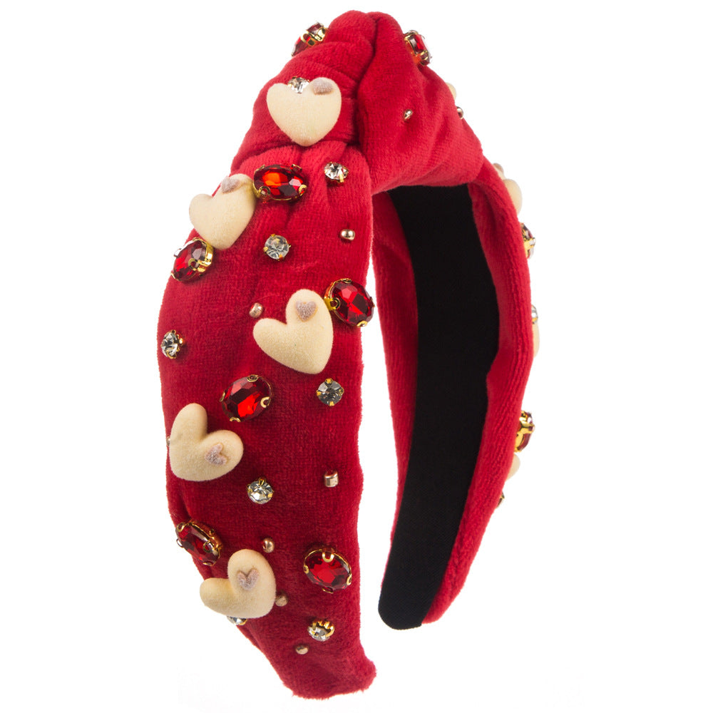 Wholesale Valentine's Day Hand-sewn Glass Diamond Love Velvet Headband